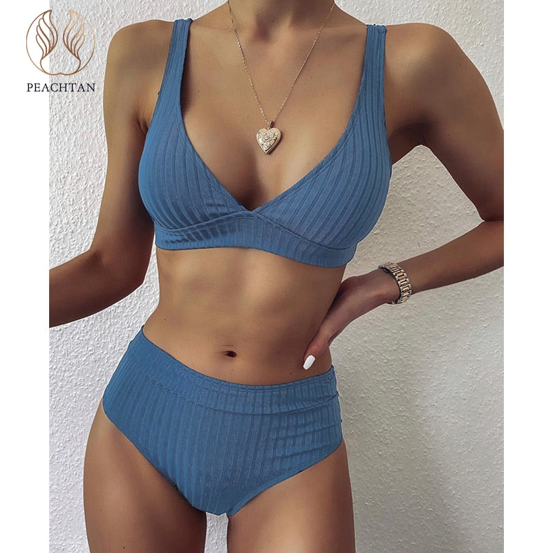 Peachtan Sexy solid ribbed bikinis 2021