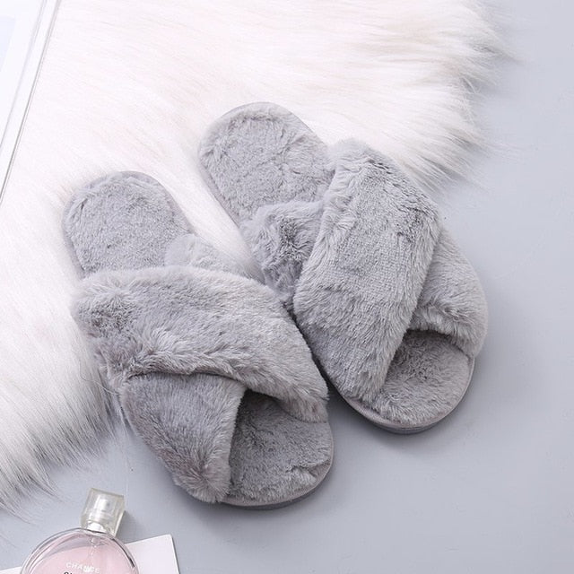 Warm Fluffy Slippers Women Cozy Faux Fur Cross