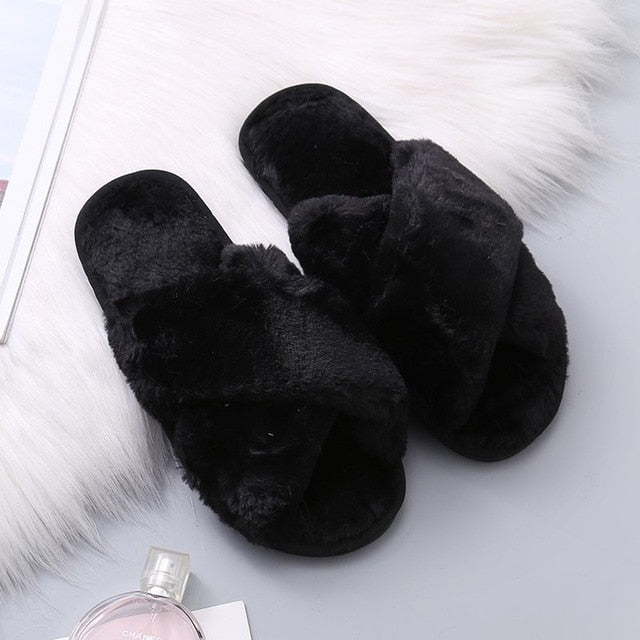 Warm Fluffy Slippers Women Cozy Faux Fur Cross