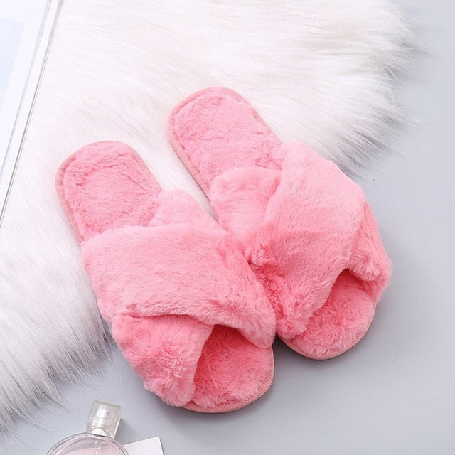 Warm Fluffy Slippers Women Cozy Faux Fur Cross