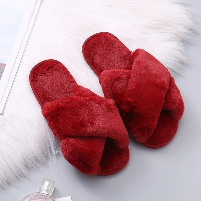 Warm Fluffy Slippers Women Cozy Faux Fur Cross