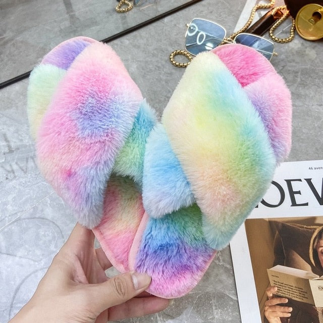 Warm Fluffy Slippers Women Cozy Faux Fur Cross