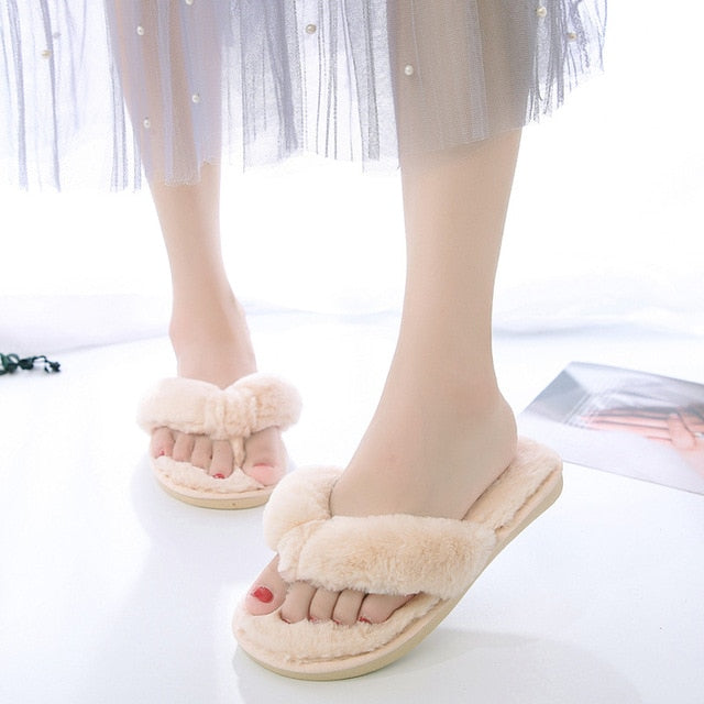 Warm Fluffy Slippers Women Cozy Faux Fur Cross