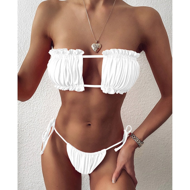 Sexy Bikini 2021 Pleated Bandeau Swimsuit Female