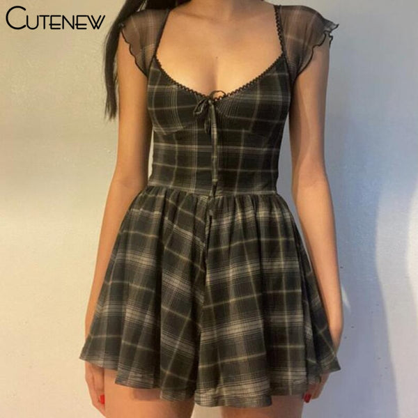 Cutenew Lattice Pattern A-Line Short Sleeve Mini Dress For Womens