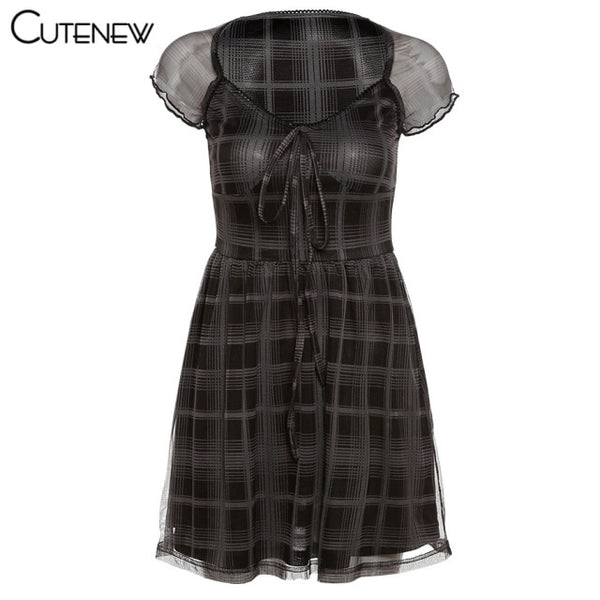 Cutenew Lattice Pattern A-Line Short Sleeve Mini Dress For Womens