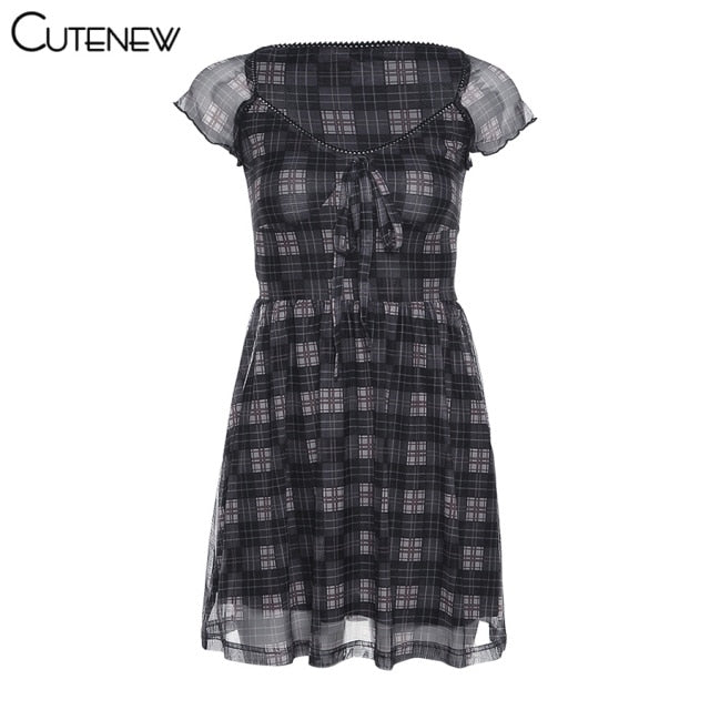 Cutenew Lattice Pattern A-Line Short Sleeve Mini Dress For Womens