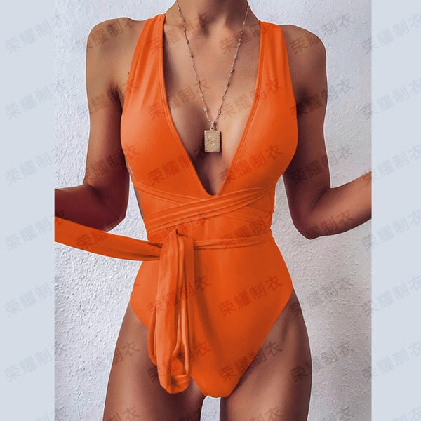 Sexy Solid Red One Piece Swimsuit Women Push Up Lace Up